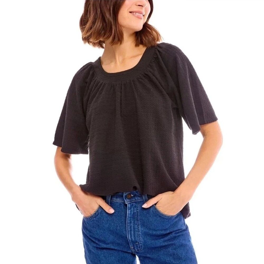 B Collections by Bobeau Women's Flutter Short Sleeve Top, Black, Size S NWT E2
